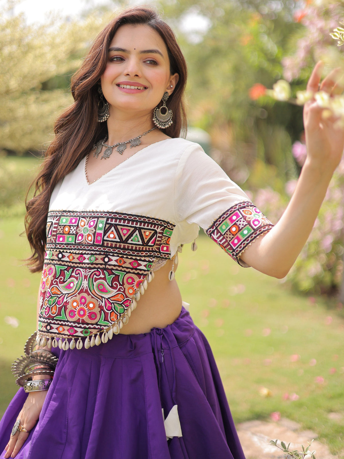 Dazzling Purple Gamthi Work Silk Navratri Special Lehenga Choli