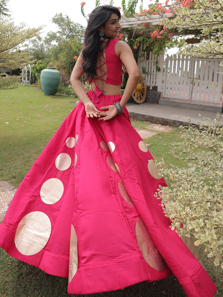 Impressive Rani Pink Mirror Laced Silk Navratri Special Lehenga Choli
