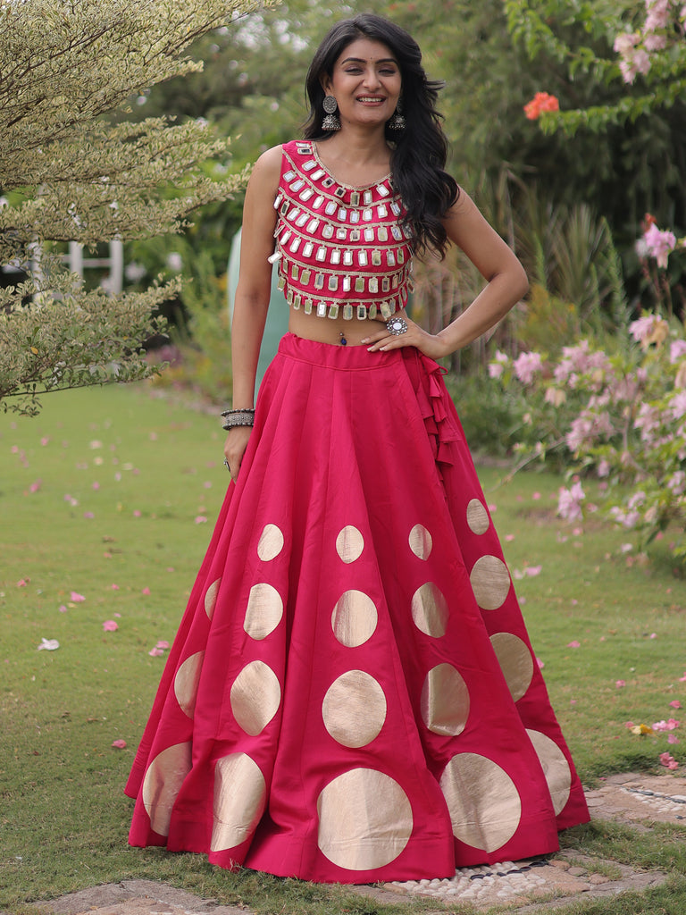 Impressive Rani Pink Mirror Laced Silk Navratri Special Lehenga Choli
