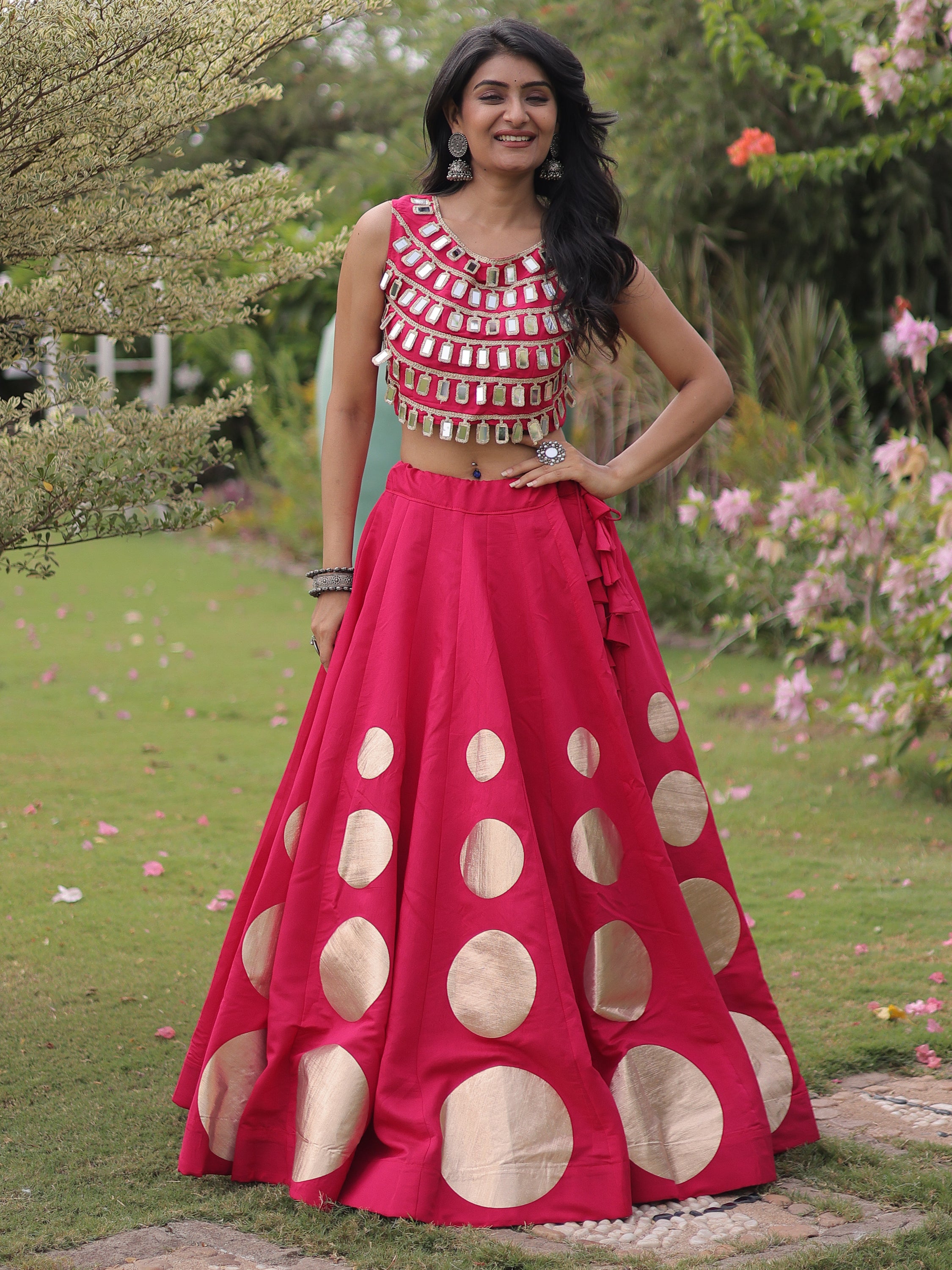 Impressive Rani Pink Mirror Laced Silk Navratri Special Lehenga Choli