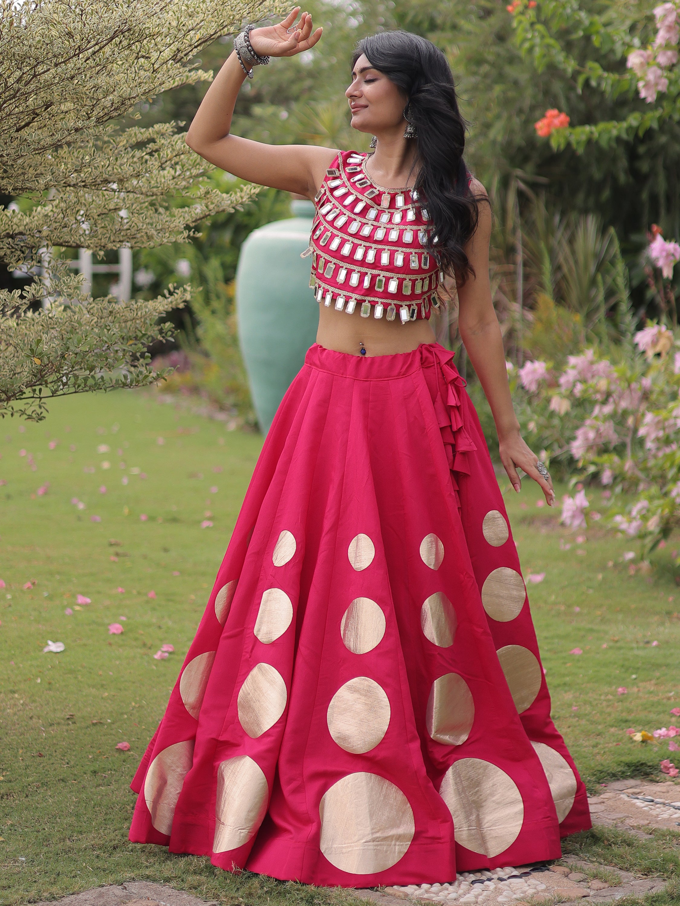 Impressive Rani Pink Mirror Laced Silk Navratri Special Lehenga Choli
