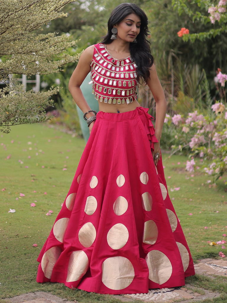 Impressive Rani Pink Mirror Laced Silk Navratri Special Lehenga Choli
