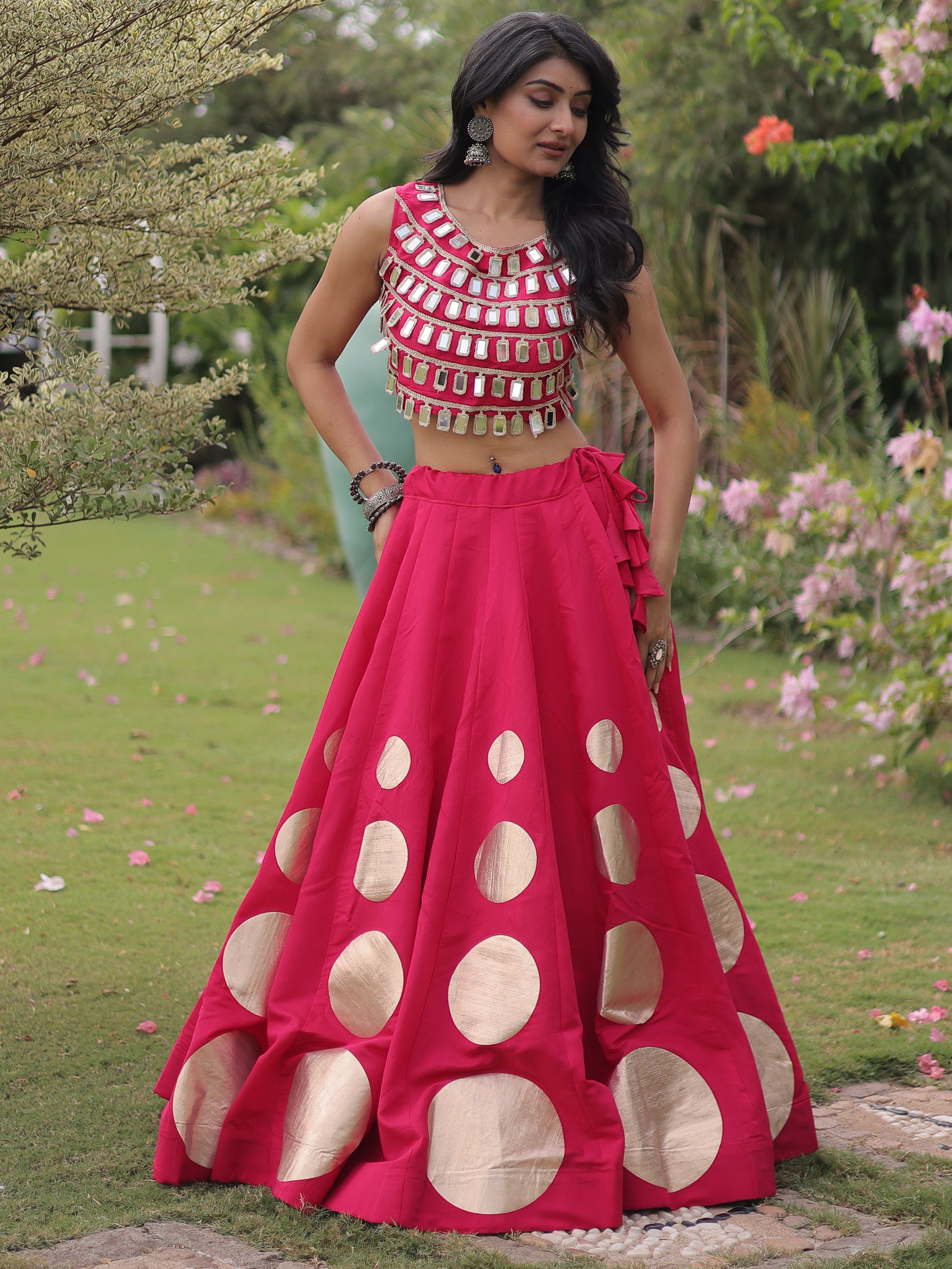 Impressive Rani Pink Mirror Laced Silk Navratri Special Lehenga Choli