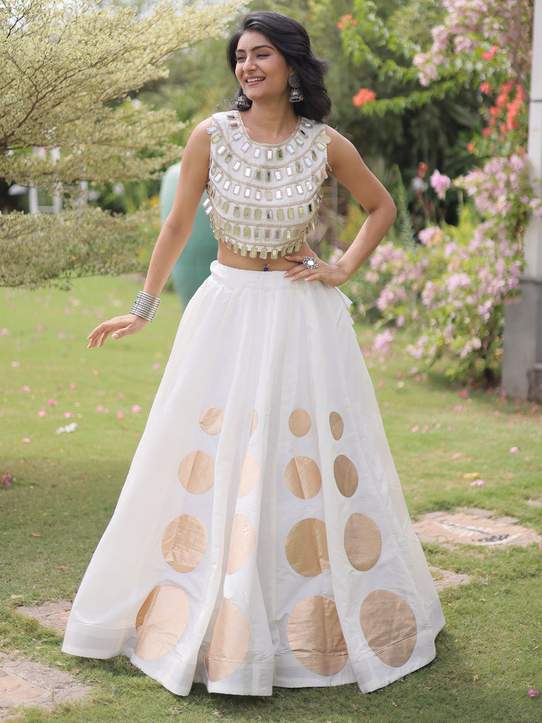 Classic White Mirror Lace Work Silk Navratri Wear Lehenga With Blouse