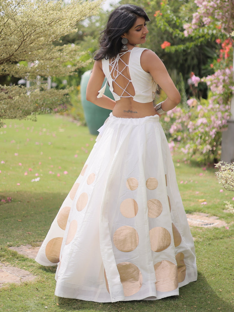 Classic White Mirror Lace Work Silk Navratri Wear Lehenga With Blouse