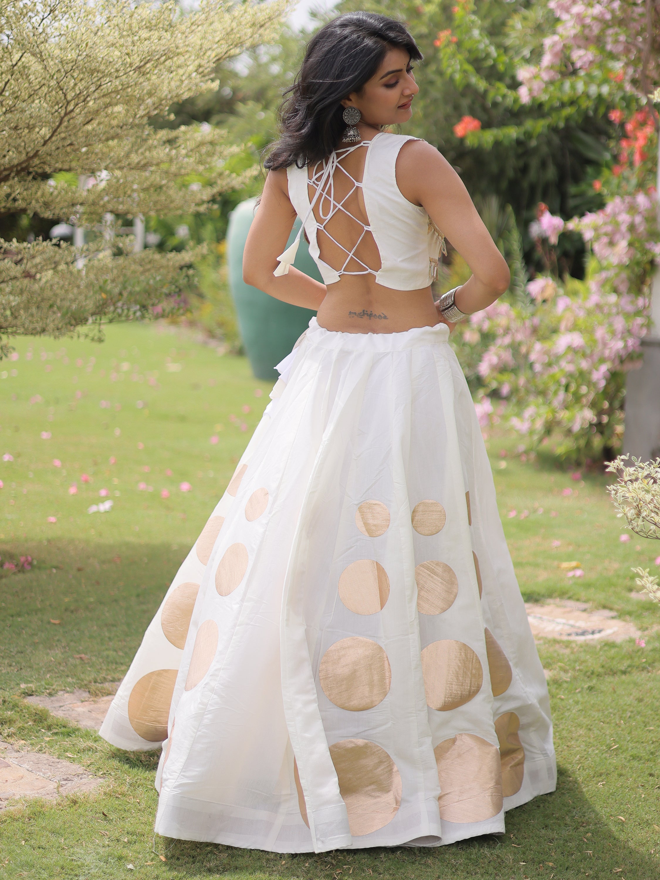 Classic White Mirror Lace Work Silk Navratri Wear Lehenga With Blouse