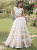 Classic White Mirror Lace Work Silk Navratri Wear Lehenga With Blouse