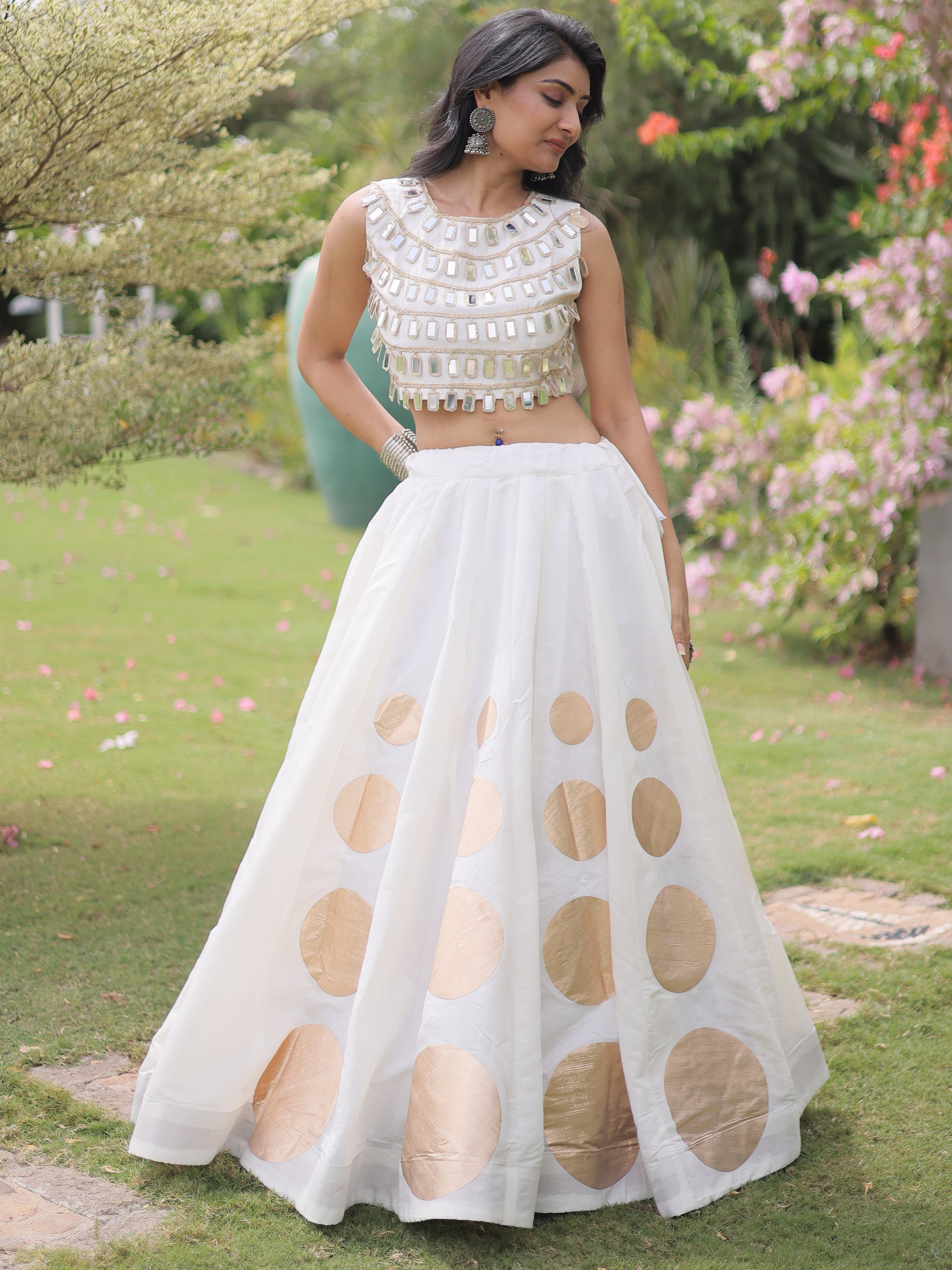 Classic White Mirror Lace Work Silk Navratri Wear Lehenga With Blouse