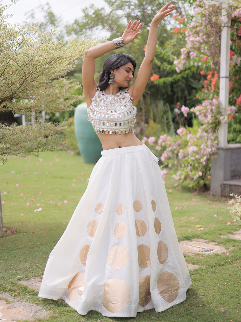 Classic White Mirror Lace Work Silk Navratri Wear Lehenga With Blouse