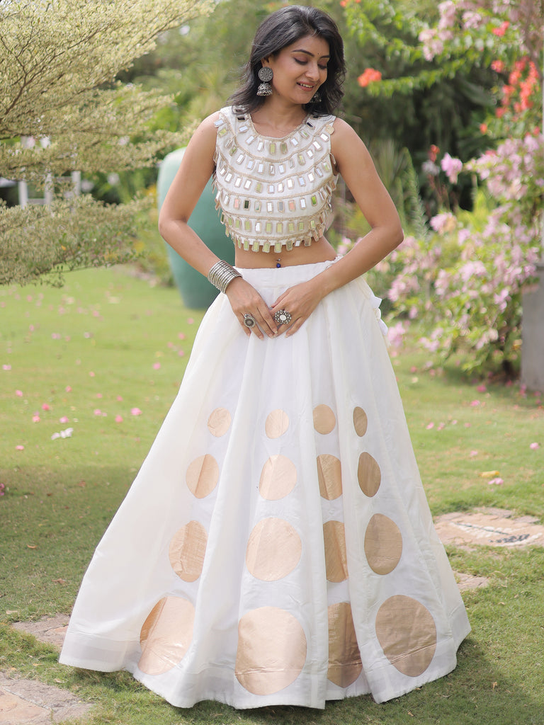 Classic White Mirror Lace Work Silk Navratri Wear Lehenga With Blouse