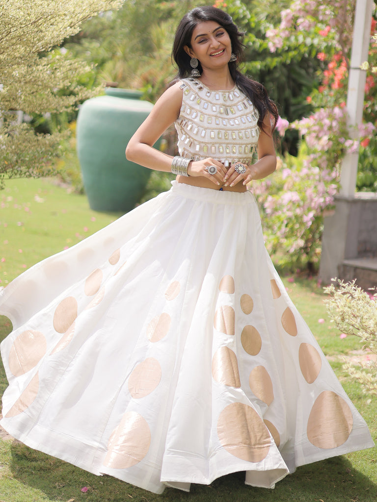 Classic White Mirror Lace Work Silk Navratri Wear Lehenga With Blouse