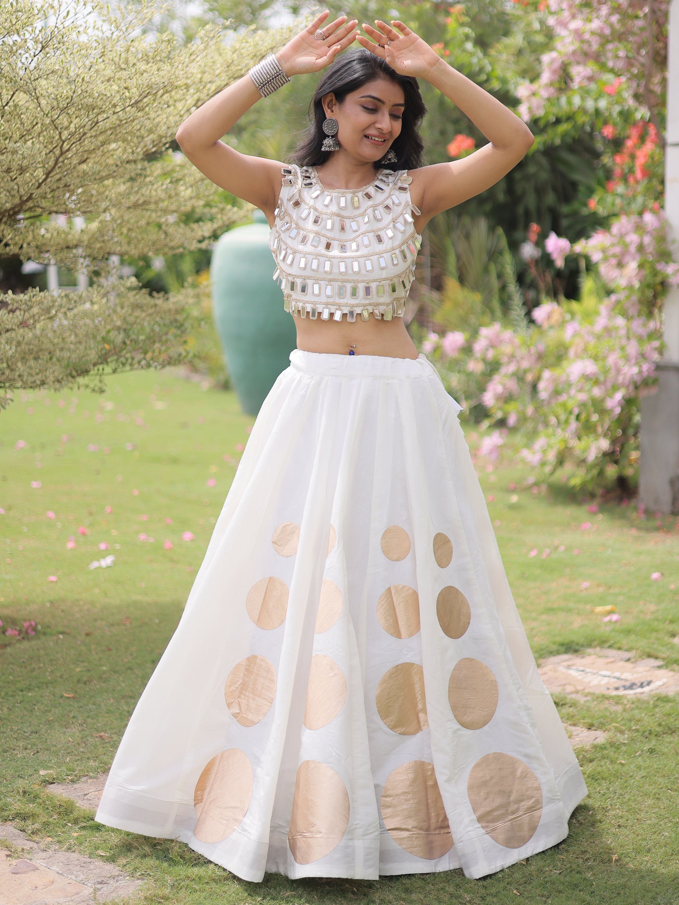 Classic White Mirror Lace Work Silk Navratri Wear Lehenga With Blouse