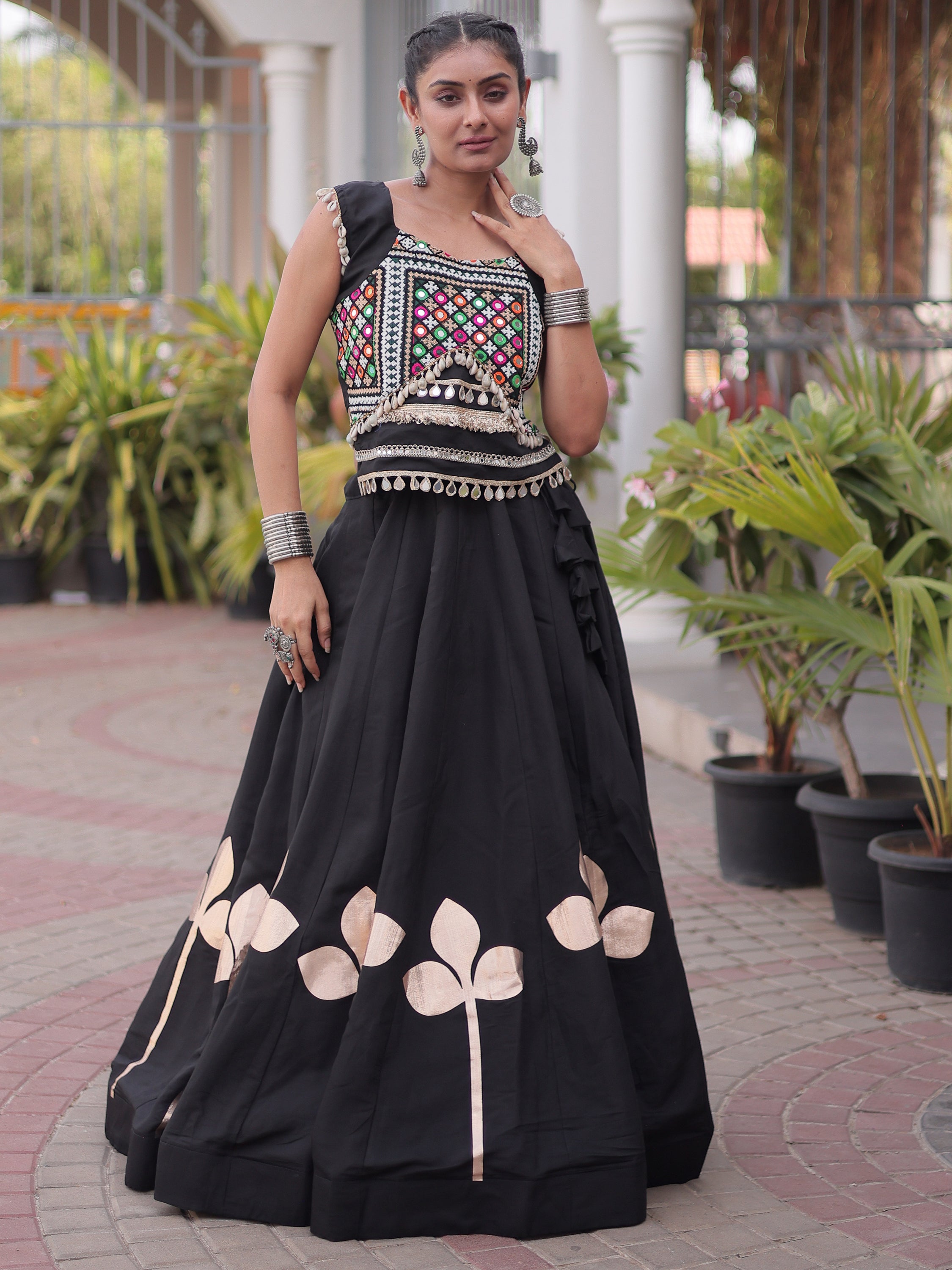 Awesome Black Kutchi Work Silk Navratri Special Lehenga Choli
