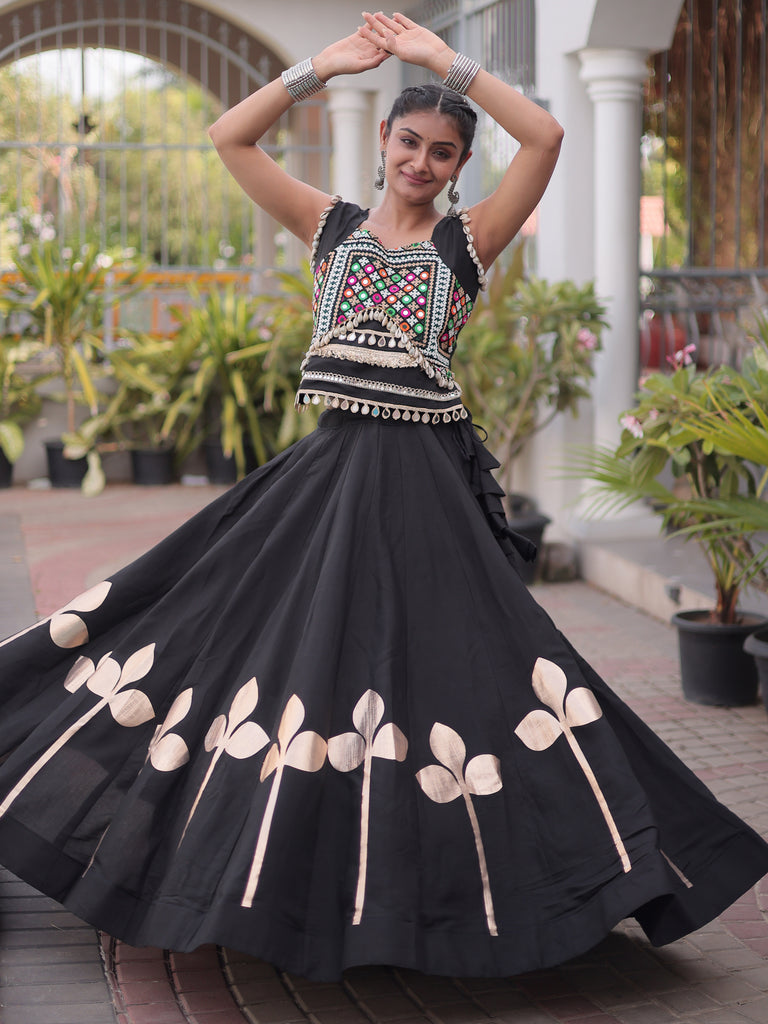 Awesome Black Kutchi Work Silk Navratri Special Lehenga Choli