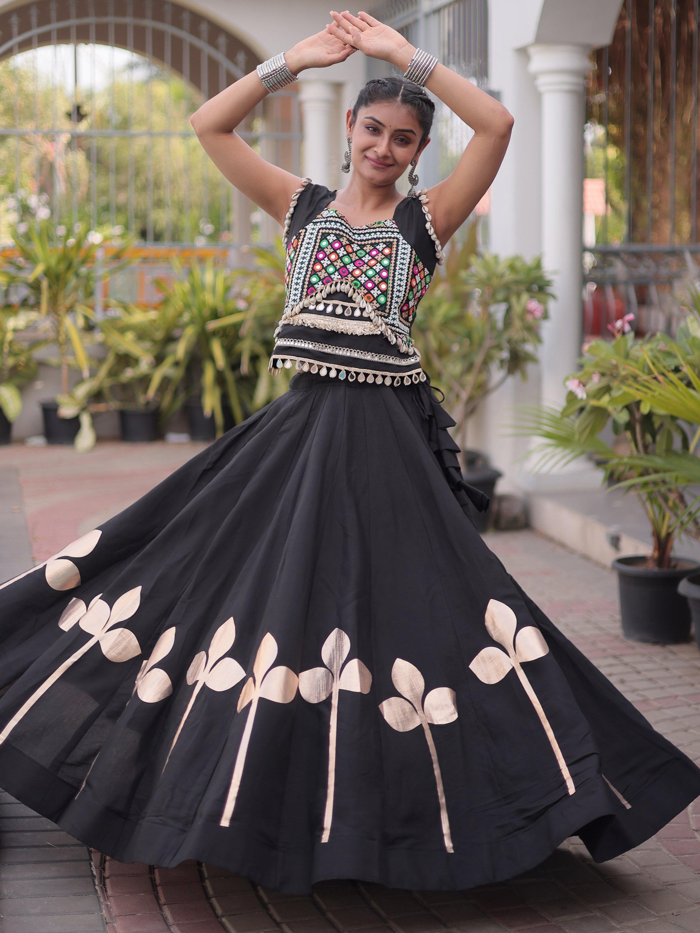 Awesome Black Kutchi Work Silk Navratri Special Lehenga Choli
