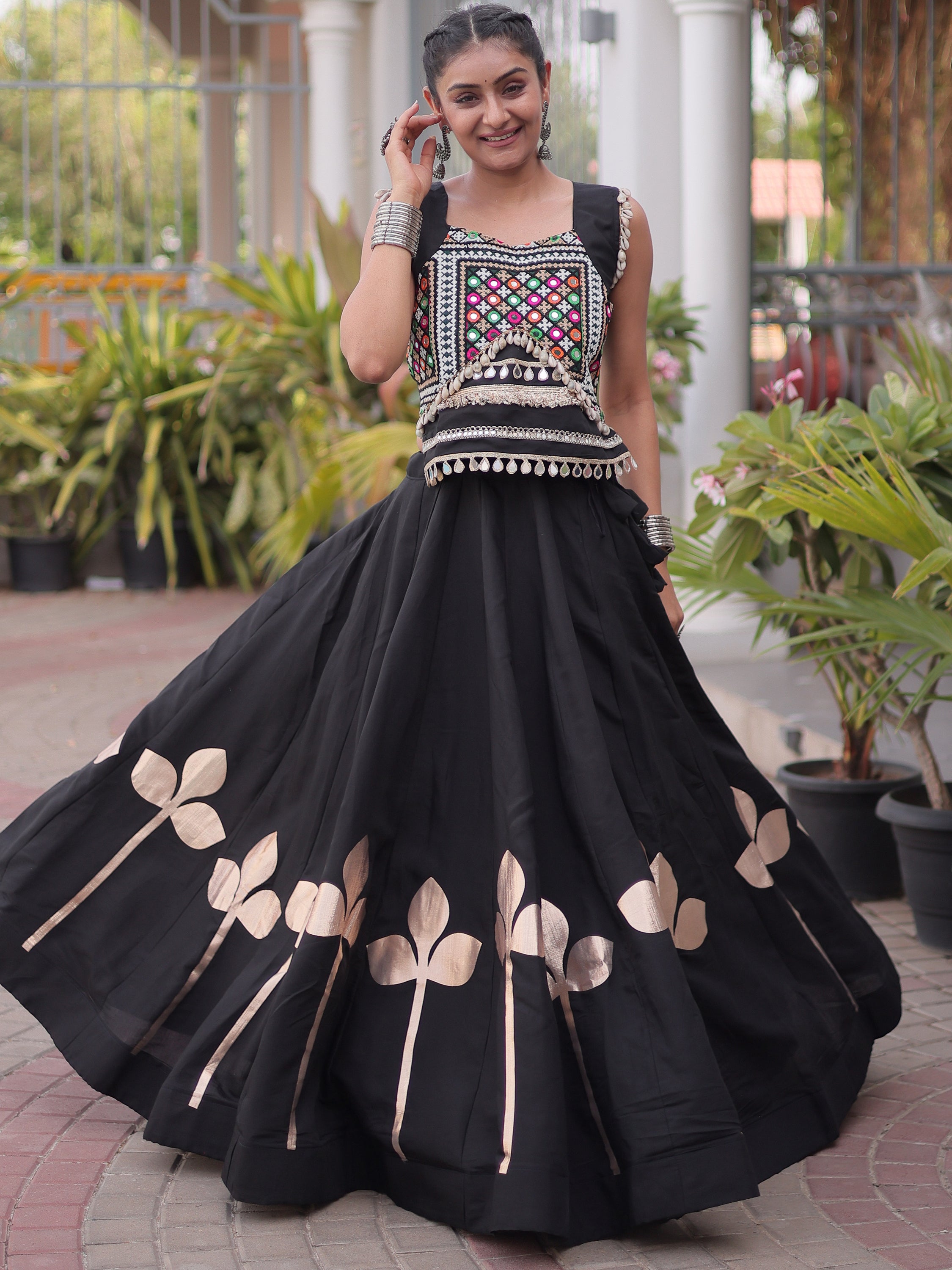Awesome Black Kutchi Work Silk Navratri Special Lehenga Choli