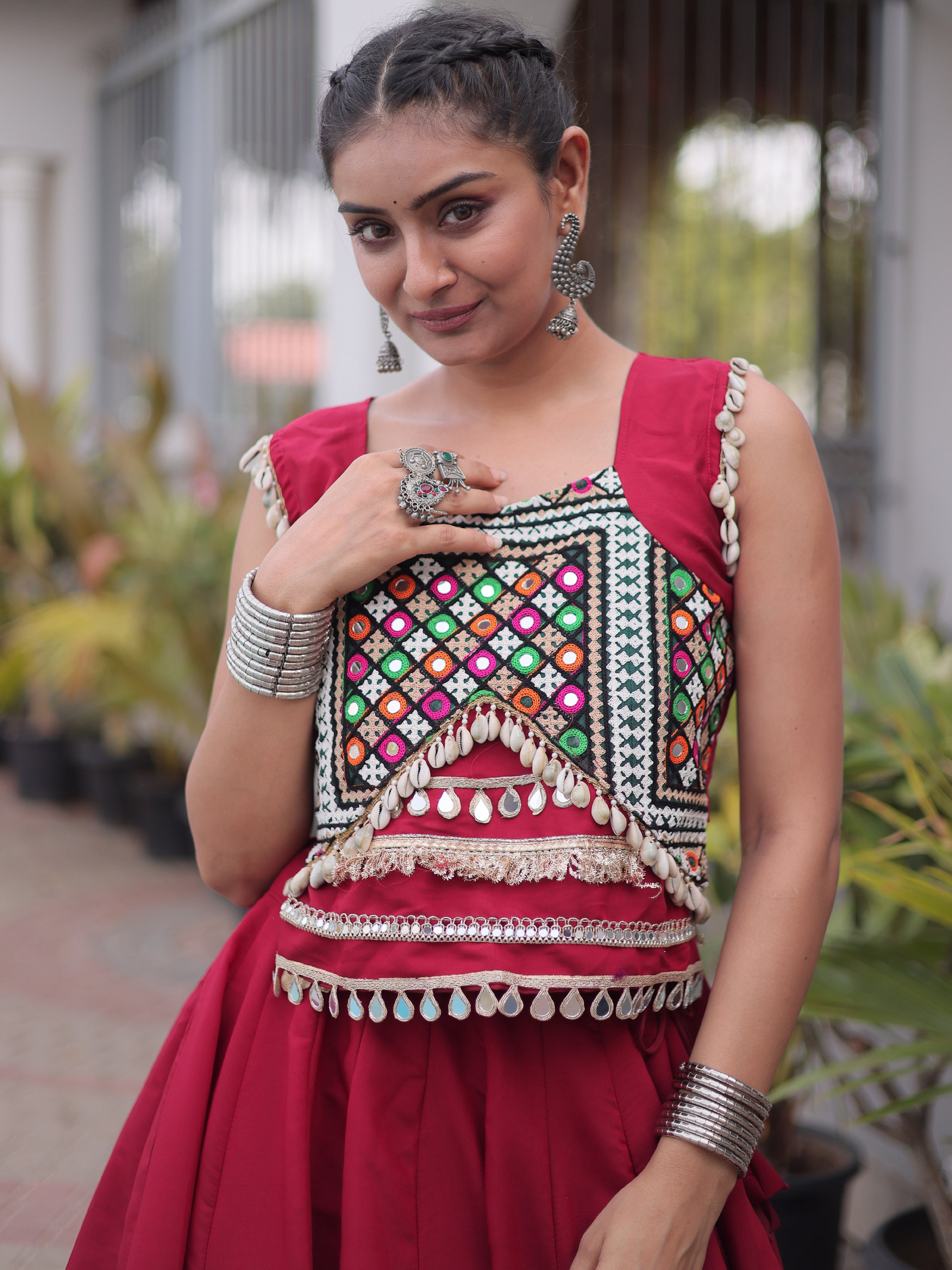 Lovely Maroon Gamthi Work Silk Navratri Special Lehenga With Blouse