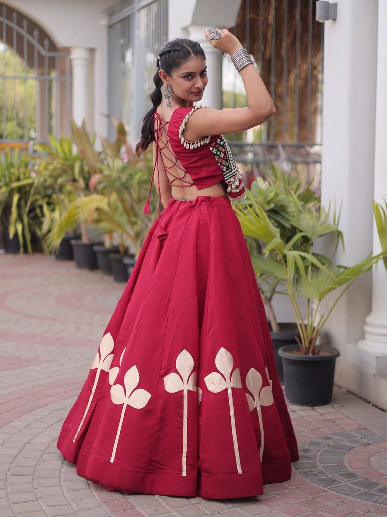 Lovely Maroon Gamthi Work Silk Navratri Special Lehenga With Blouse