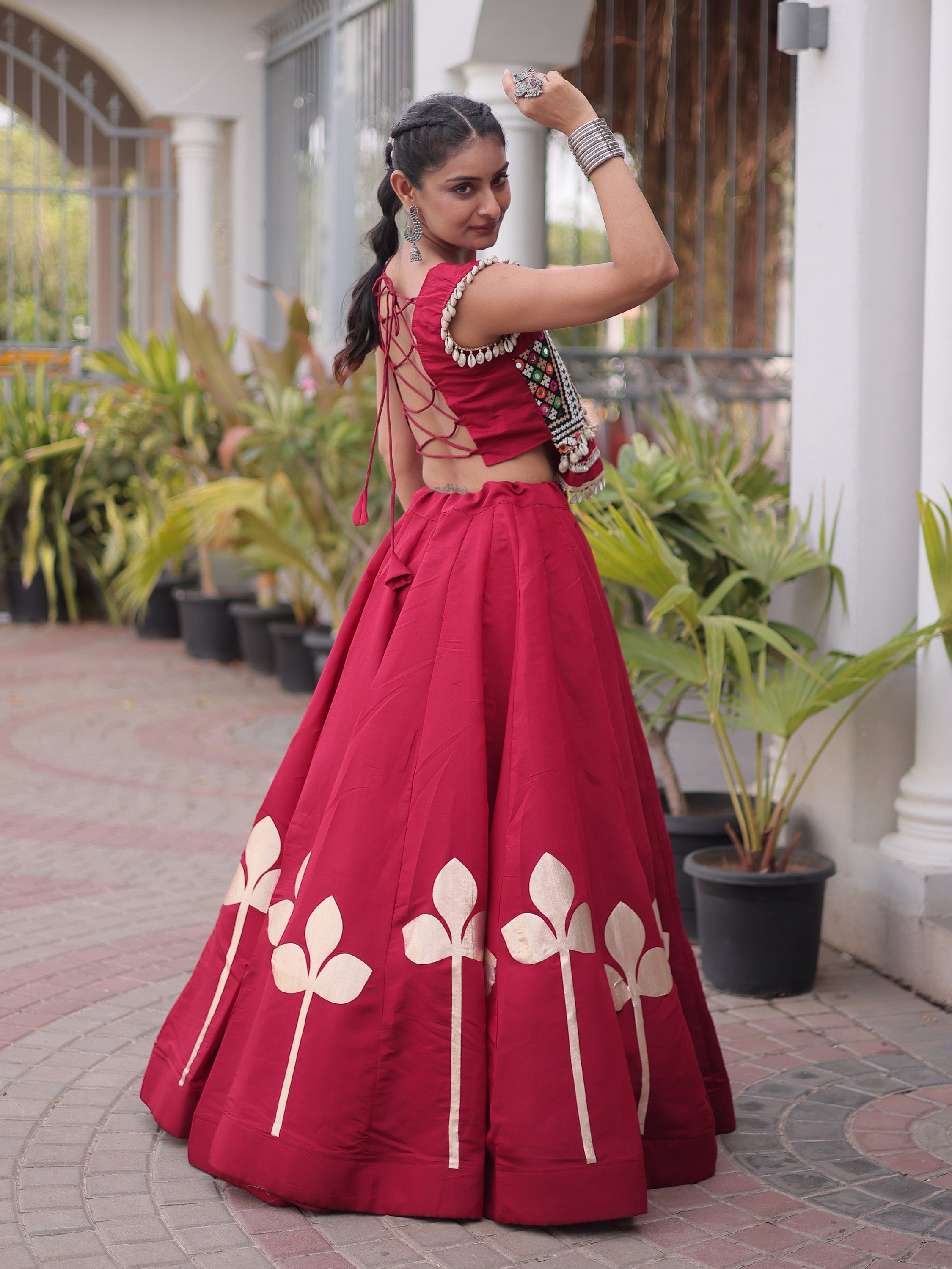 Lovely Maroon Gamthi Work Silk Navratri Special Lehenga With Blouse