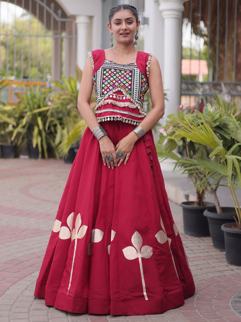 Lovely Maroon Gamthi Work Silk Navratri Special Lehenga With Blouse