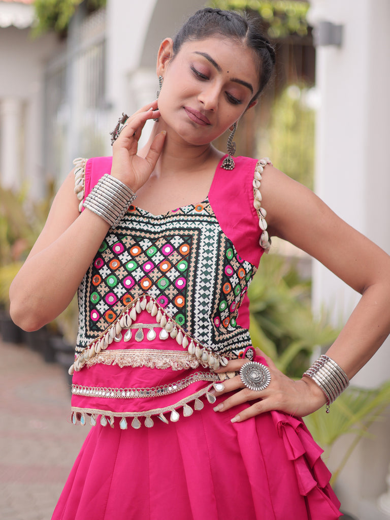 Precious Rani Pink Kutchi Work Silk Navratri Wear Lehenga Choli