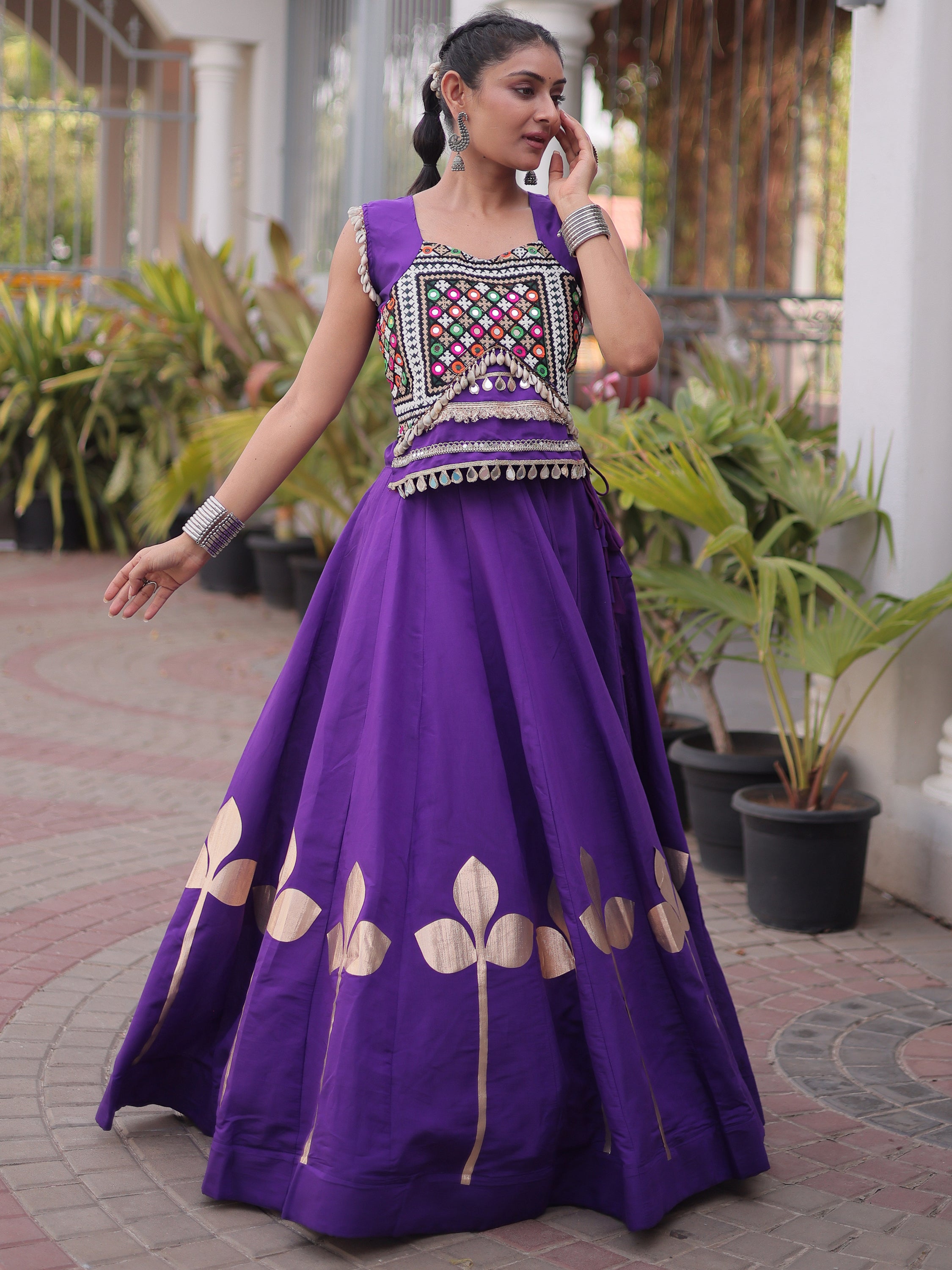 Attractive Purple Gamthi Work Silk Navratri Special Lehenga With Blouse