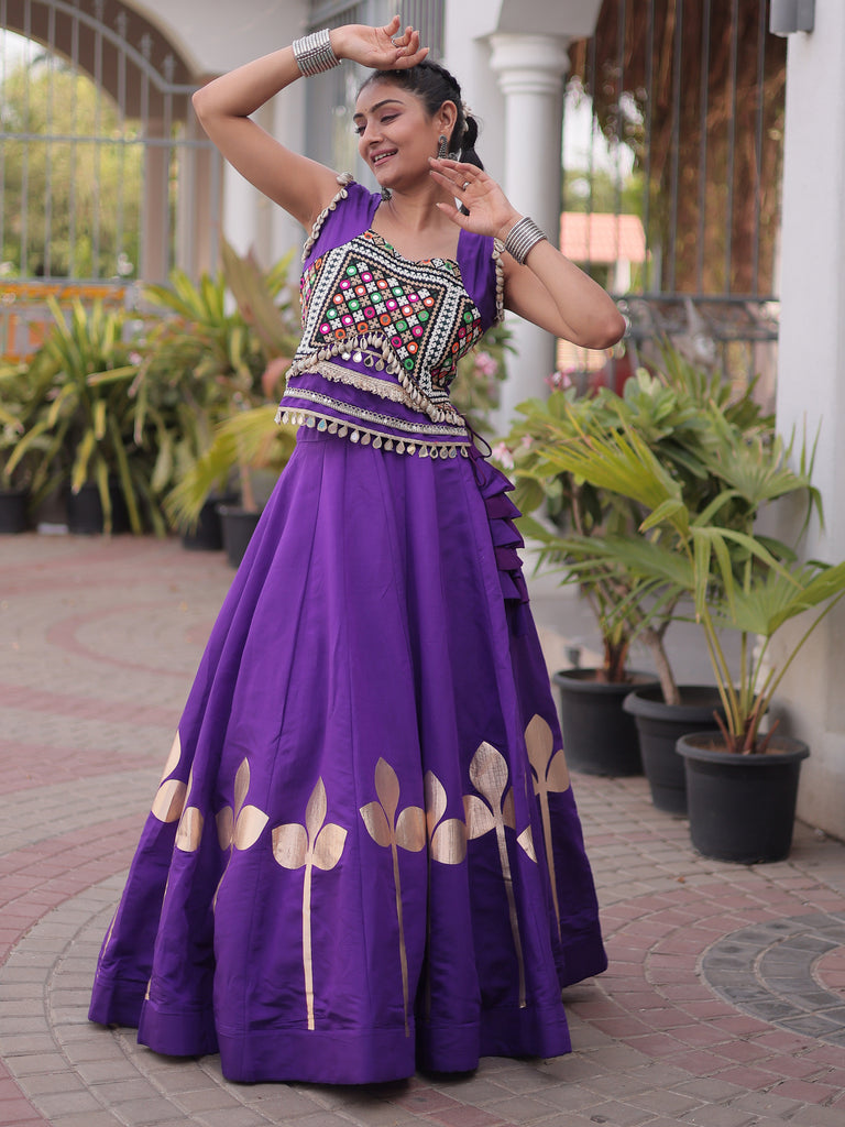 Attractive Purple Gamthi Work Silk Navratri Special Lehenga With Blouse