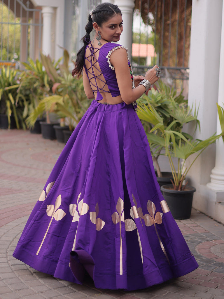 Attractive Purple Gamthi Work Silk Navratri Special Lehenga With Blouse