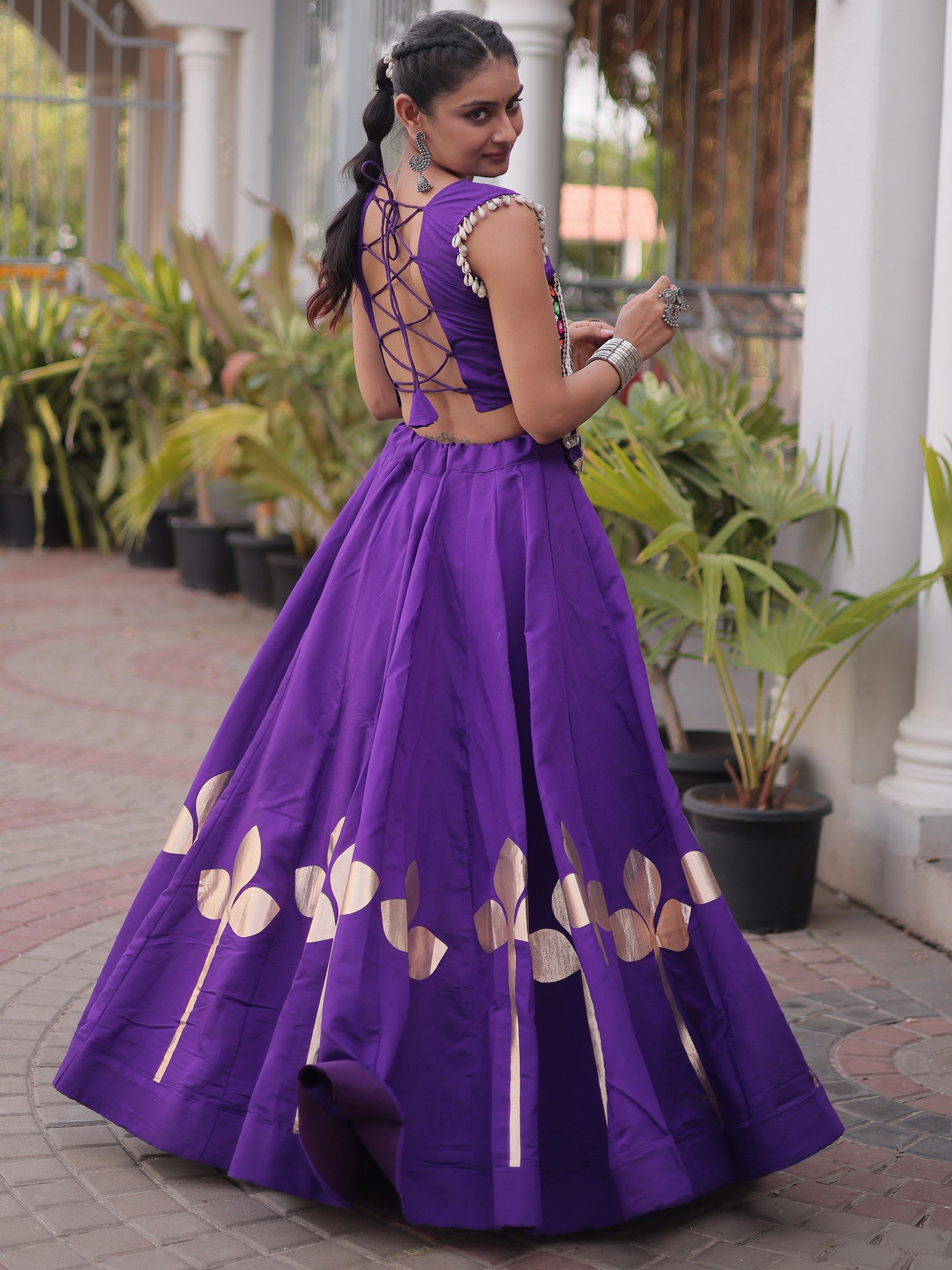 Attractive Purple Gamthi Work Silk Navratri Special Lehenga With Blouse