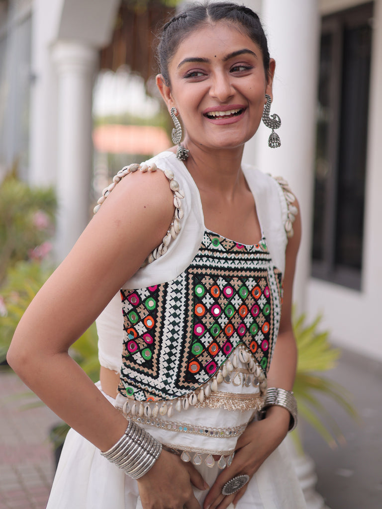 Amazeballs White Embroidered Silk Navratri Wear Lehenga Choli
