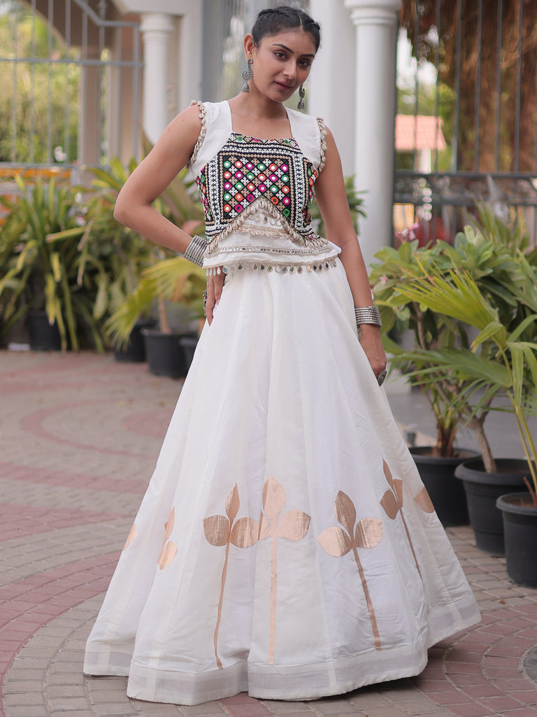 Amazeballs White Embroidered Silk Navratri Wear Lehenga Choli