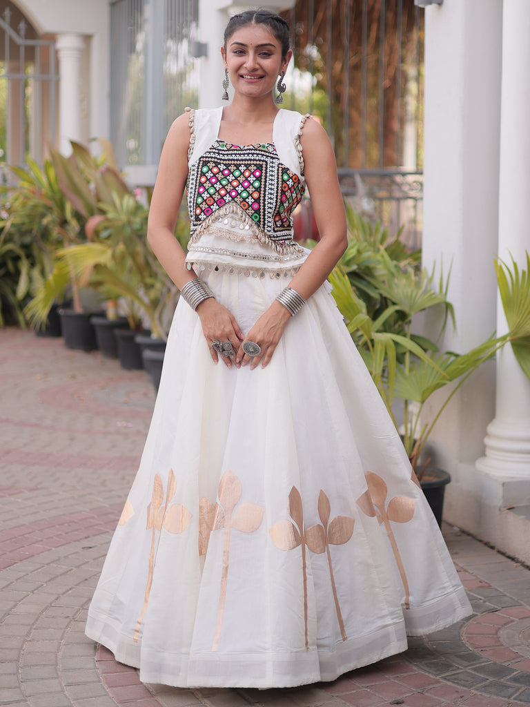 Amazeballs White Embroidered Silk Navratri Wear Lehenga Choli