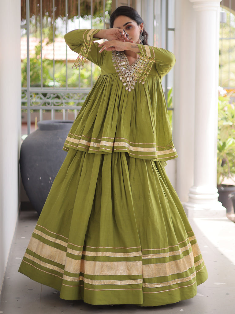 Gorgeous Olive Green Gota-Laced Navratri Wear Lehenga With Peplum Top