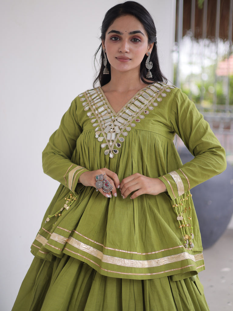 Gorgeous Olive Green Gota-Laced Navratri Wear Lehenga With Peplum Top
