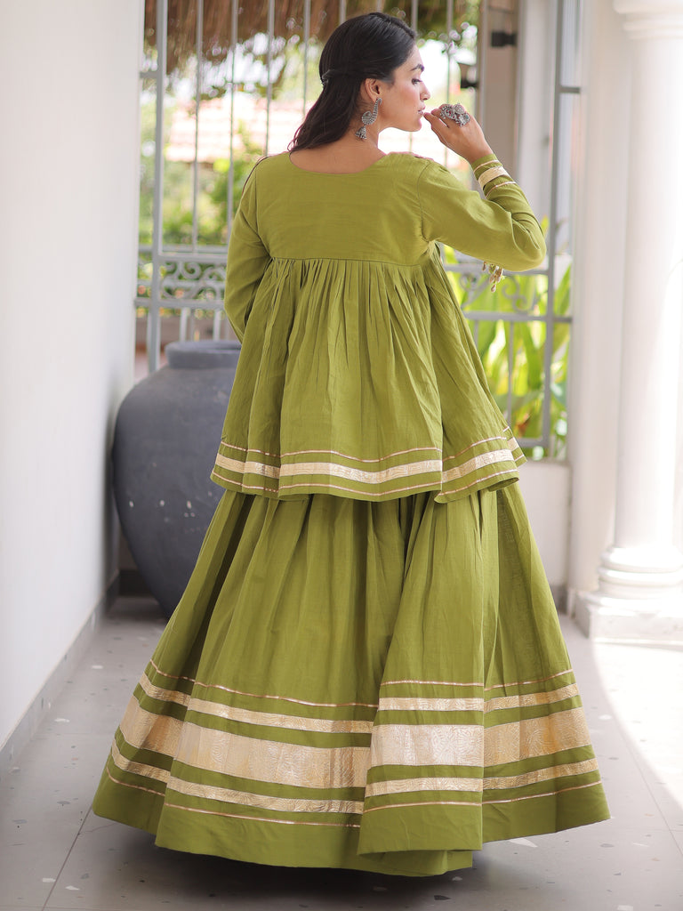 Gorgeous Olive Green Gota-Laced Navratri Wear Lehenga With Peplum Top