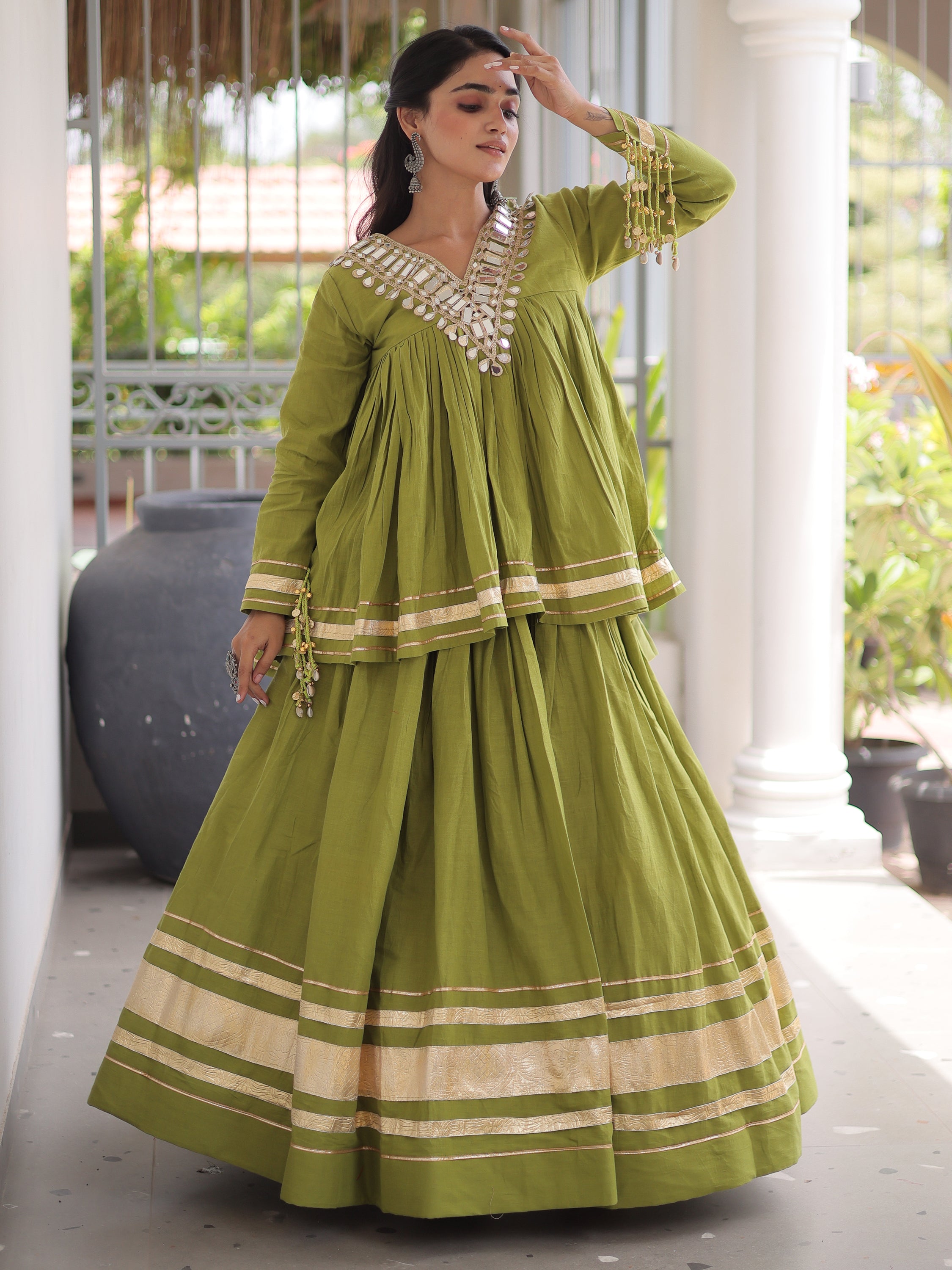 Gorgeous Olive Green Gota-Laced Navratri Wear Lehenga With Peplum Top