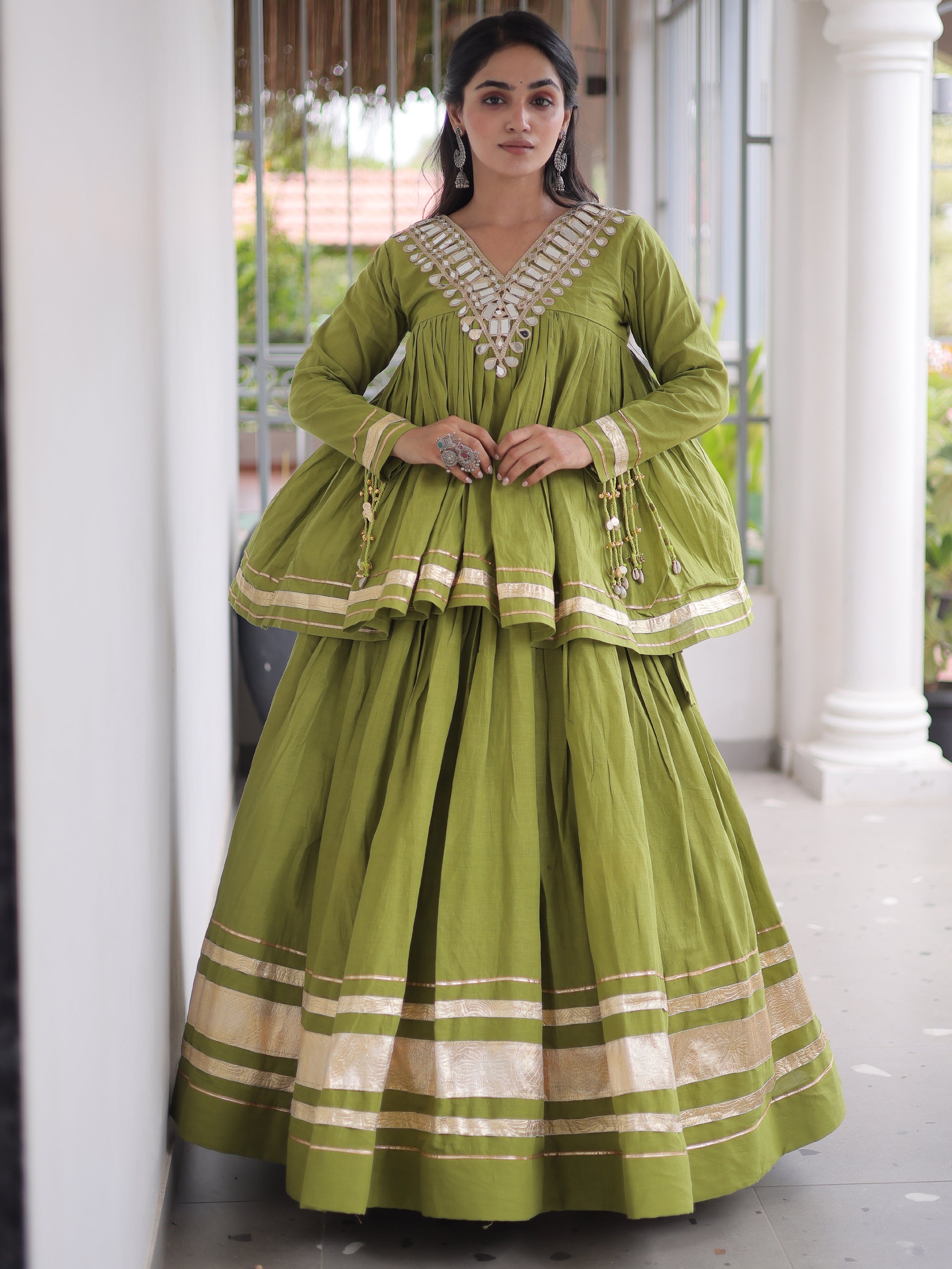 Gorgeous Olive Green Gota-Laced Navratri Wear Lehenga With Peplum Top