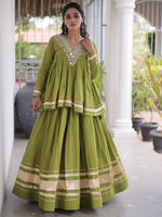 Gorgeous Olive Green Gota-Laced Navratri Wear Lehenga With Peplum Top