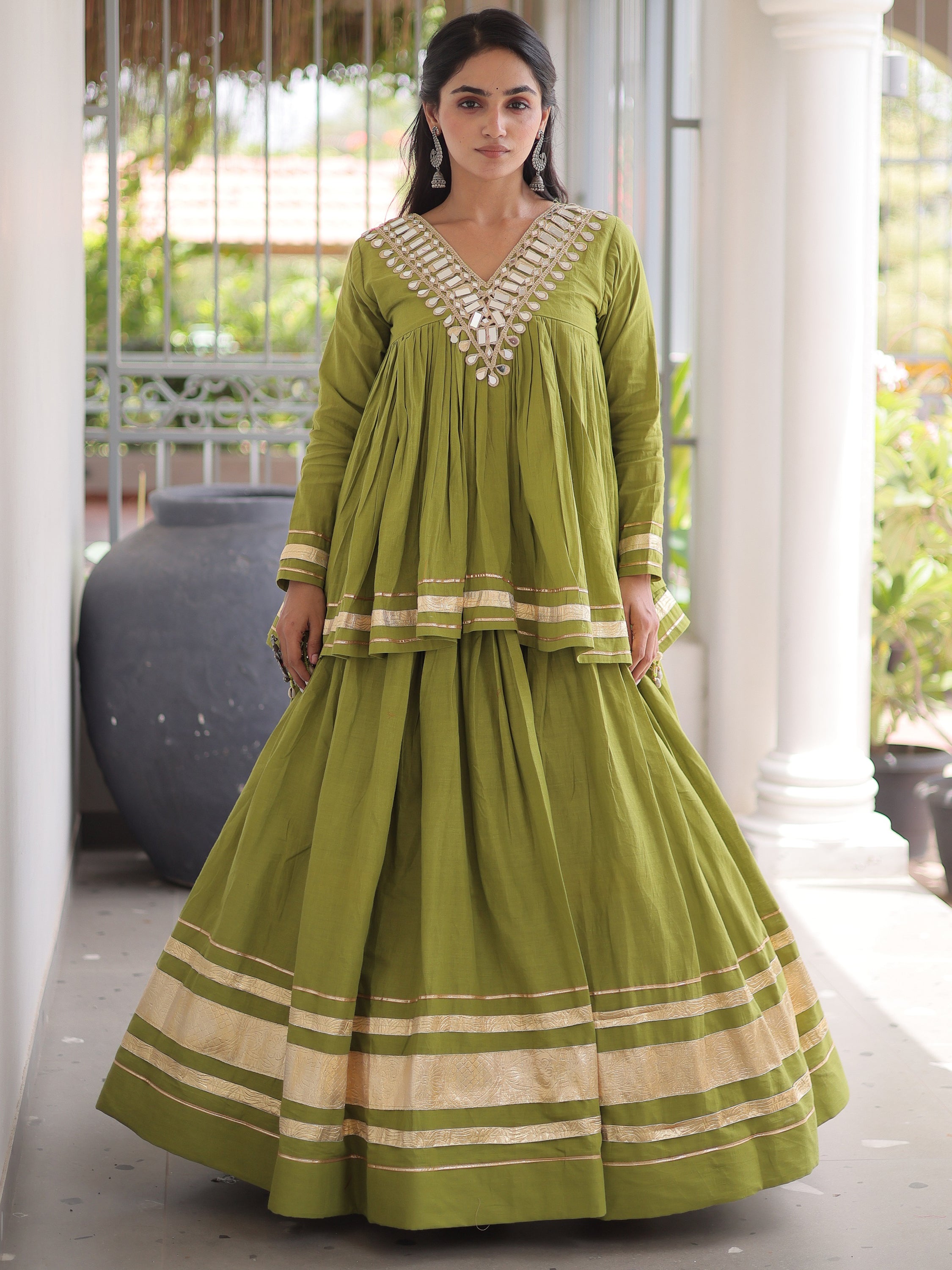 Gorgeous Olive Green Gota-Laced Navratri Wear Lehenga With Peplum Top