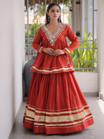 Rich Rust Orange Gota-Laced Festive Wear Lehenga With Peplum Top