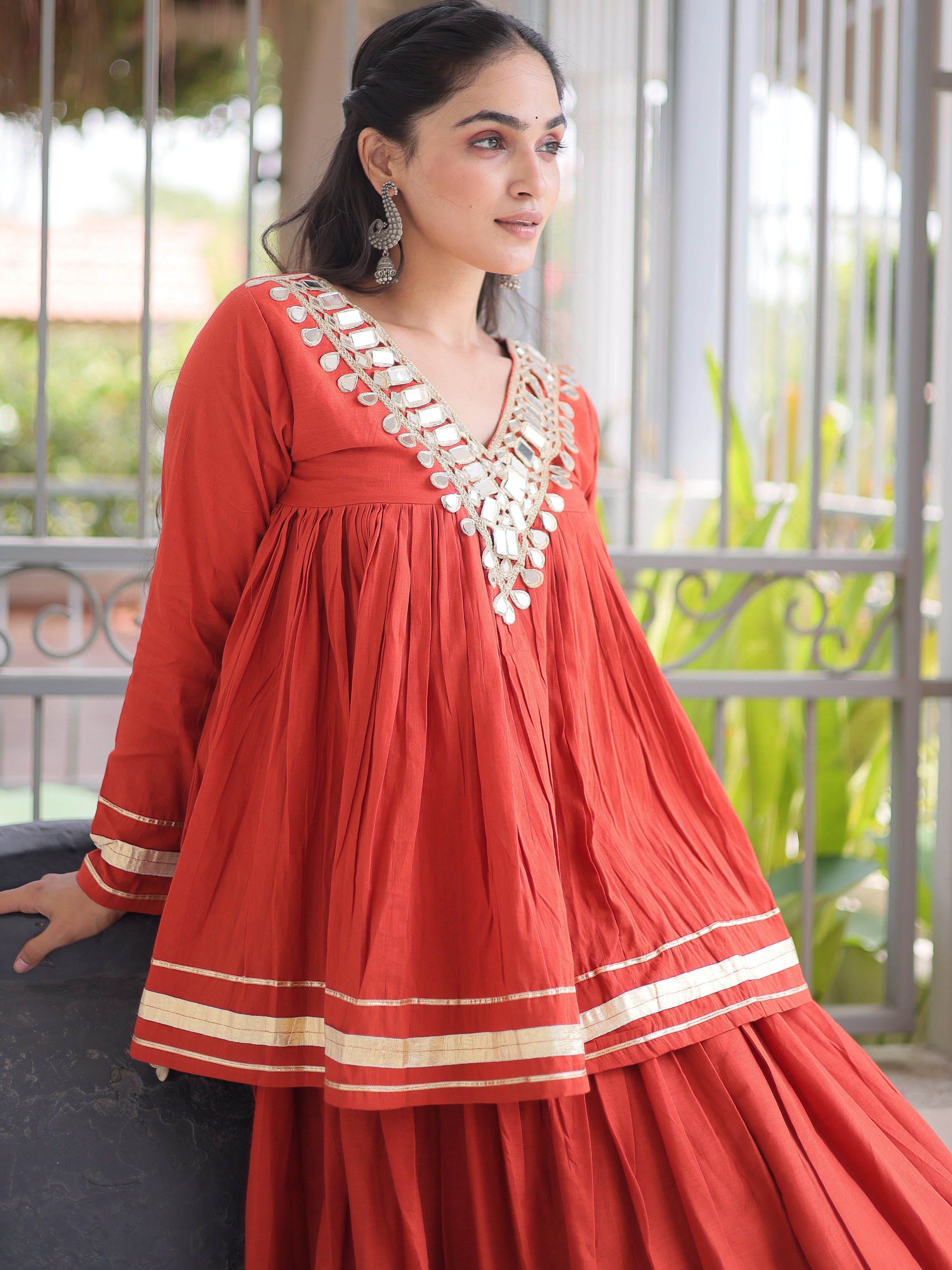 Rich Rust Orange Gota-Laced Festive Wear Lehenga With Peplum Top