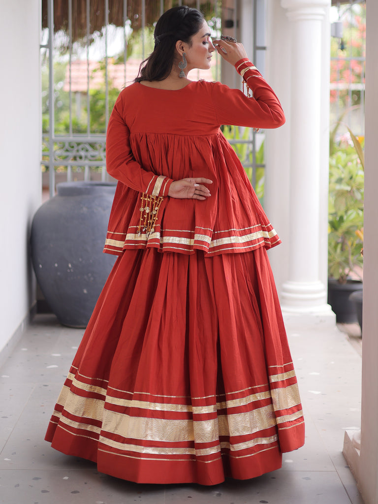 Rich Rust Orange Gota-Laced Festive Wear Lehenga With Peplum Top