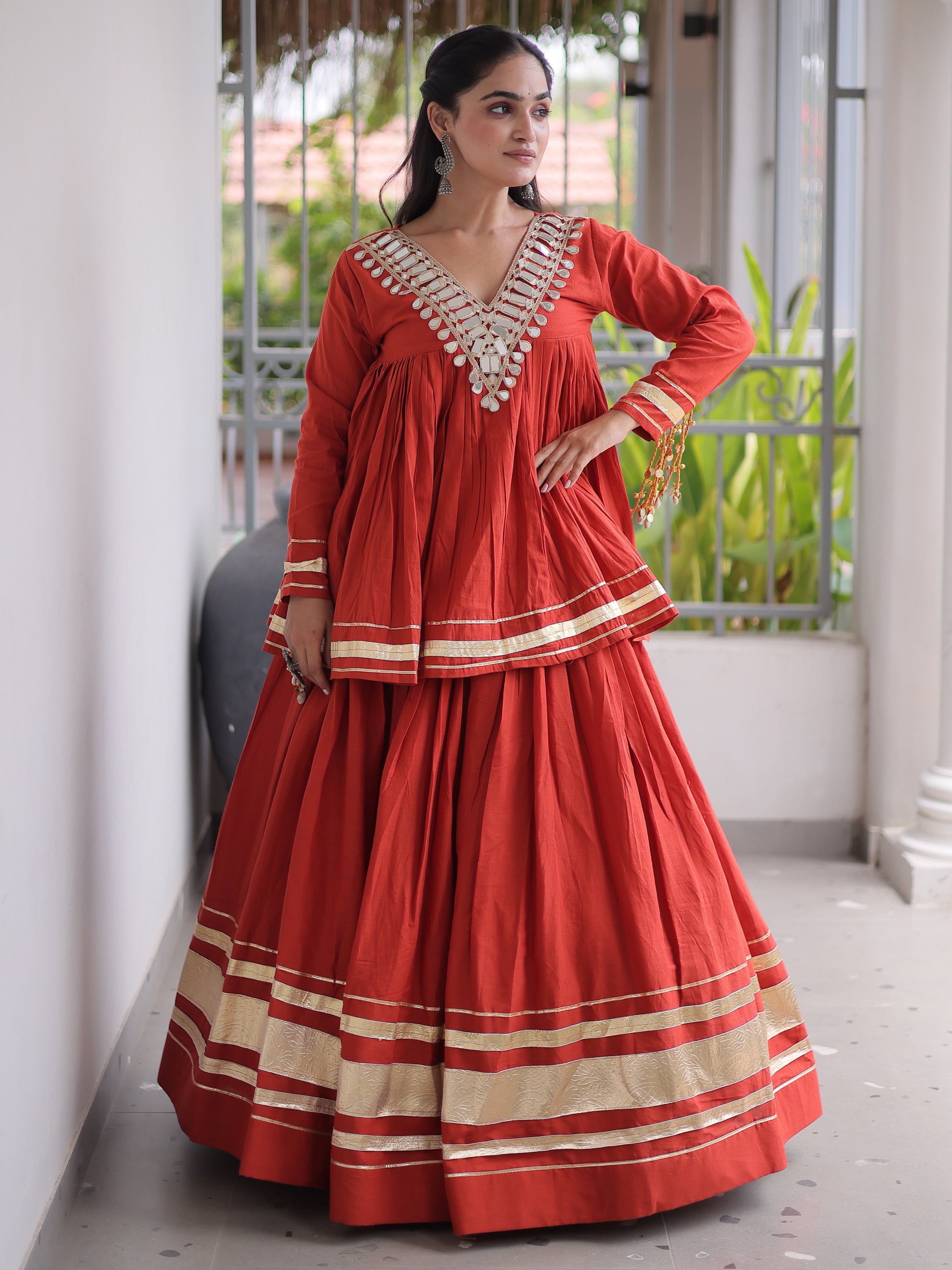 Rich Rust Orange Gota-Laced Festive Wear Lehenga With Peplum Top