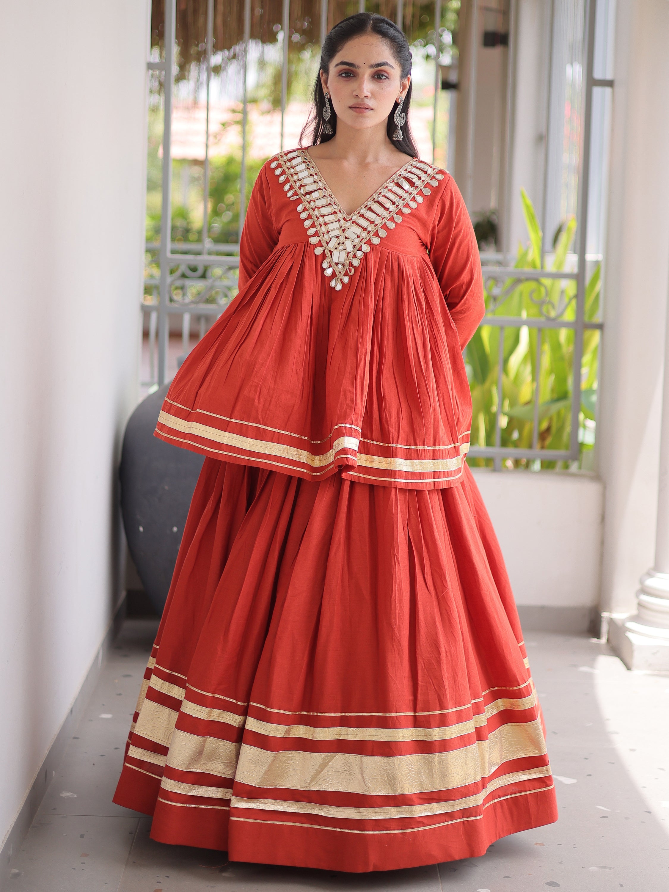 Rich Rust Orange Gota-Laced Festive Wear Lehenga With Peplum Top
