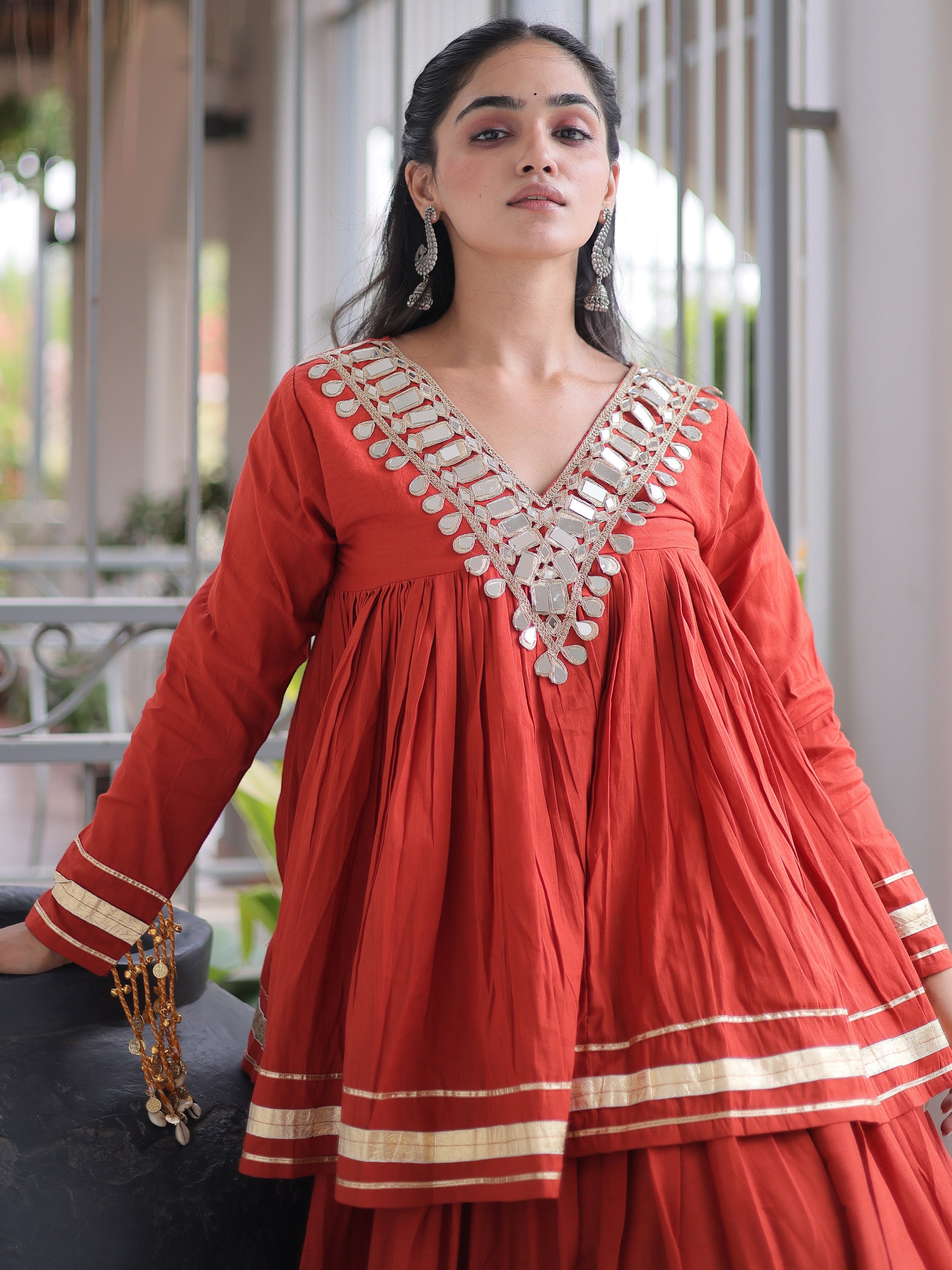 Rich Rust Orange Gota-Laced Festive Wear Lehenga With Peplum Top