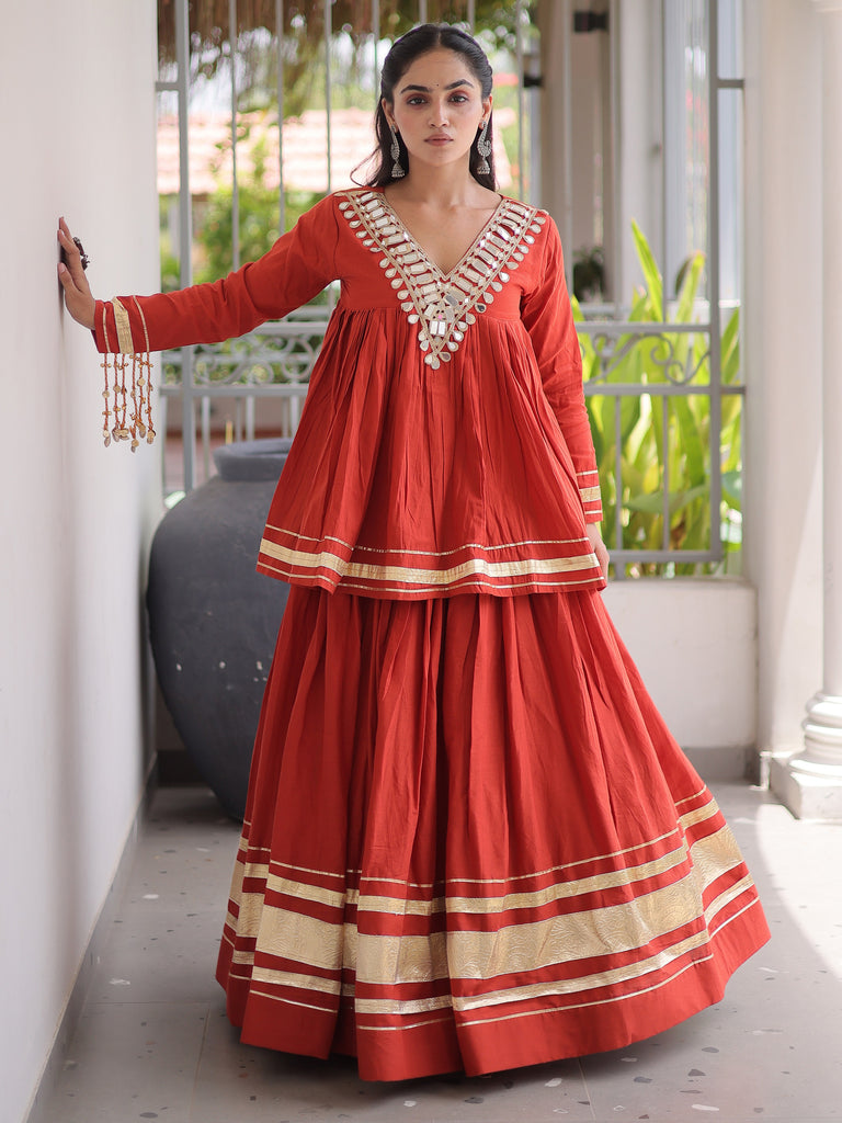 Rich Rust Orange Gota-Laced Festive Wear Lehenga With Peplum Top