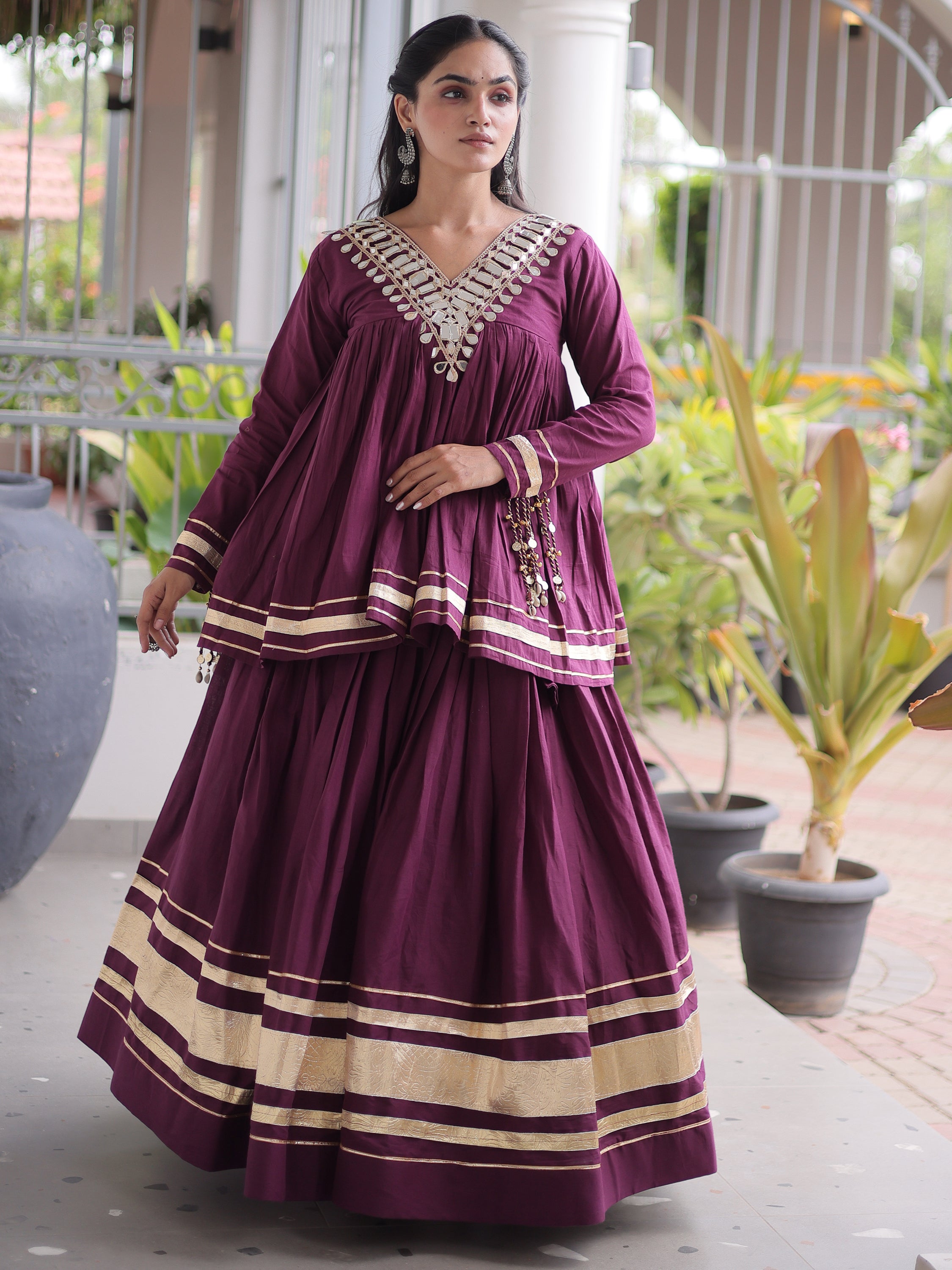 Classy Wine Mirror Laced Navratri Special Lehenga With Peplum Top