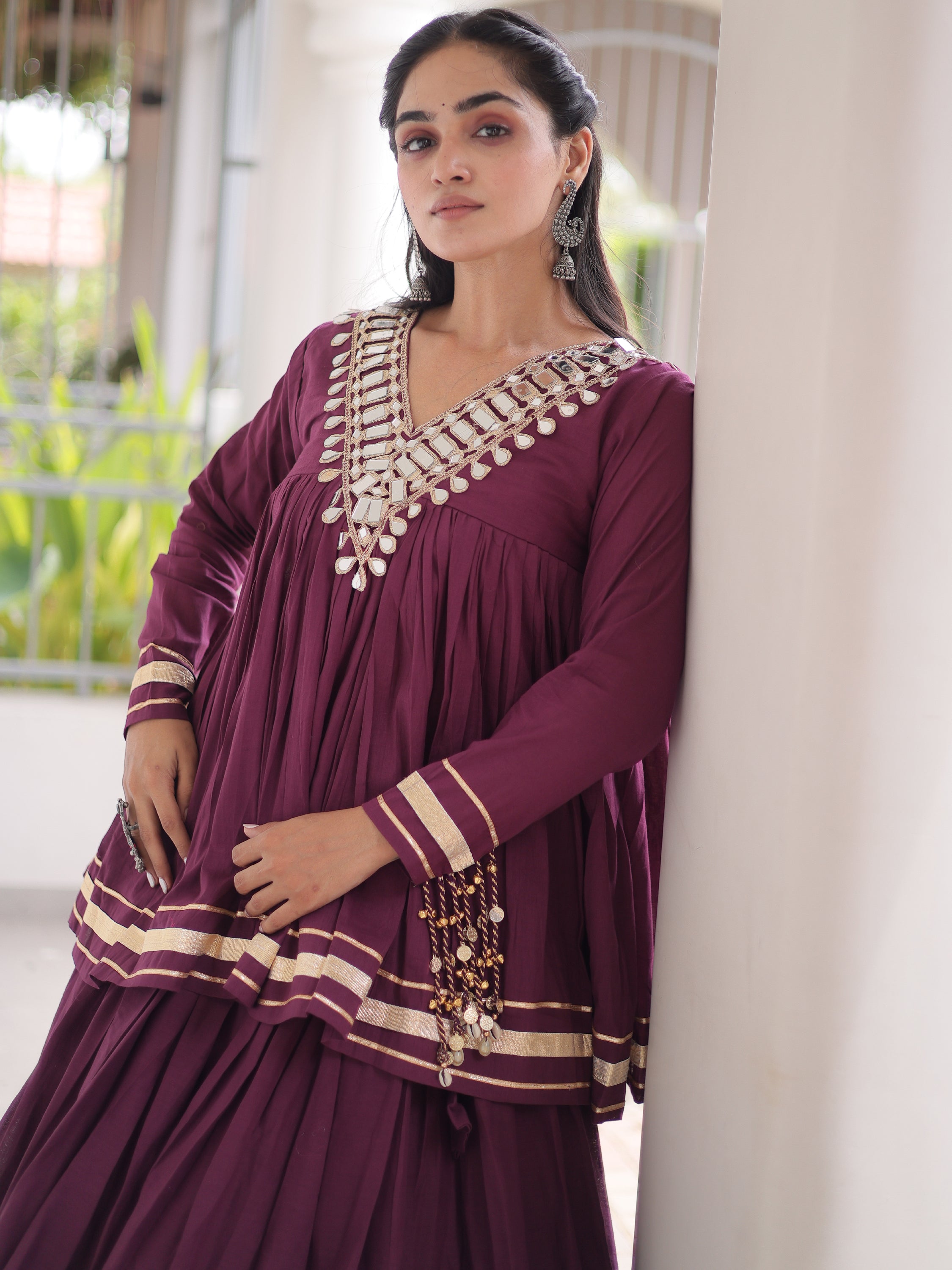 Classy Wine Mirror Laced Navratri Special Lehenga With Peplum Top