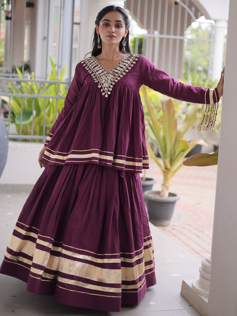Classy Wine Mirror Laced Navratri Special Lehenga With Peplum Top