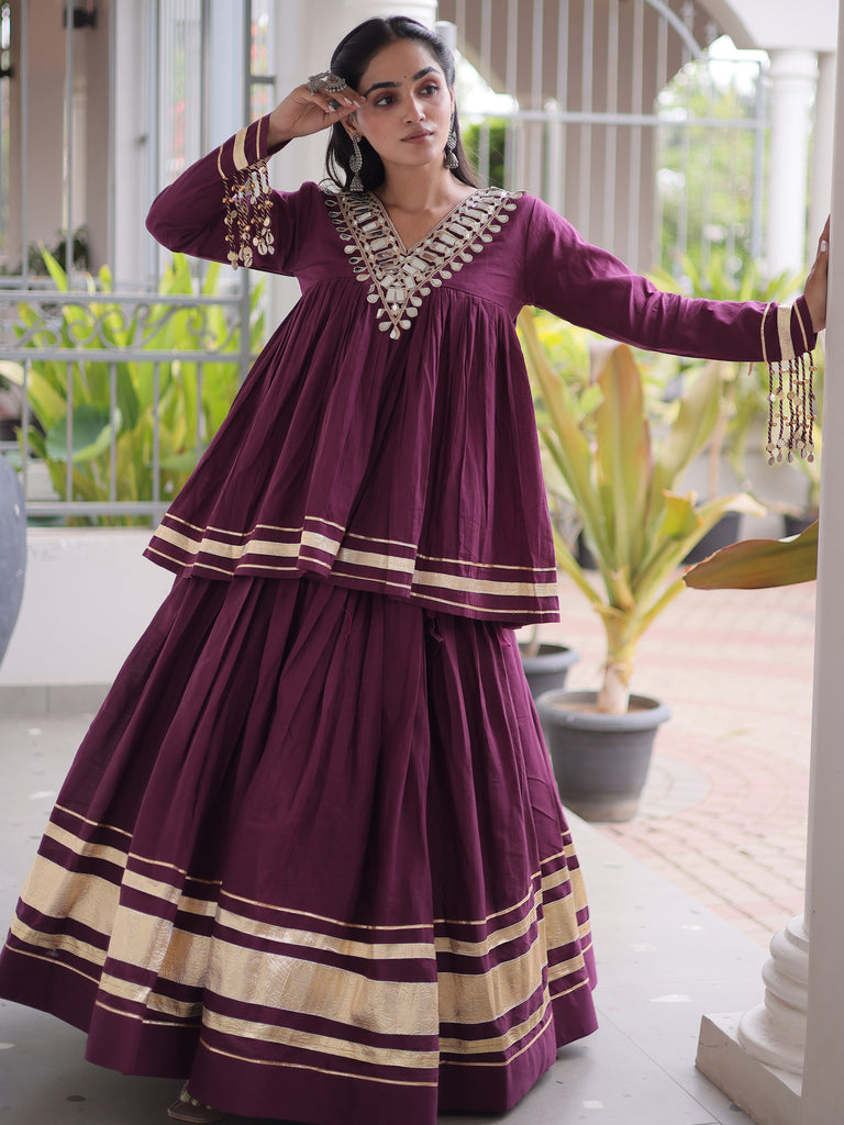 Classy Wine Mirror Laced Navratri Special Lehenga With Peplum Top